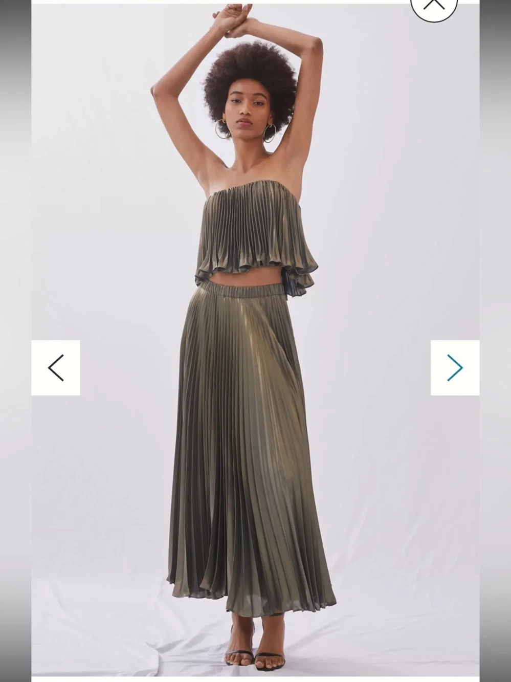 New Anthropologie Pleated Metallic Skirt Set Gold Green Cropped Top Midi Maxi 6